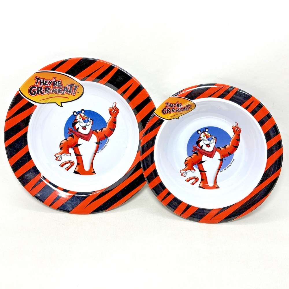 Vtg 90s Kellogg Company Tony The Tiger 1995 Plastic Cereal 2 Bowls Orange Stripe